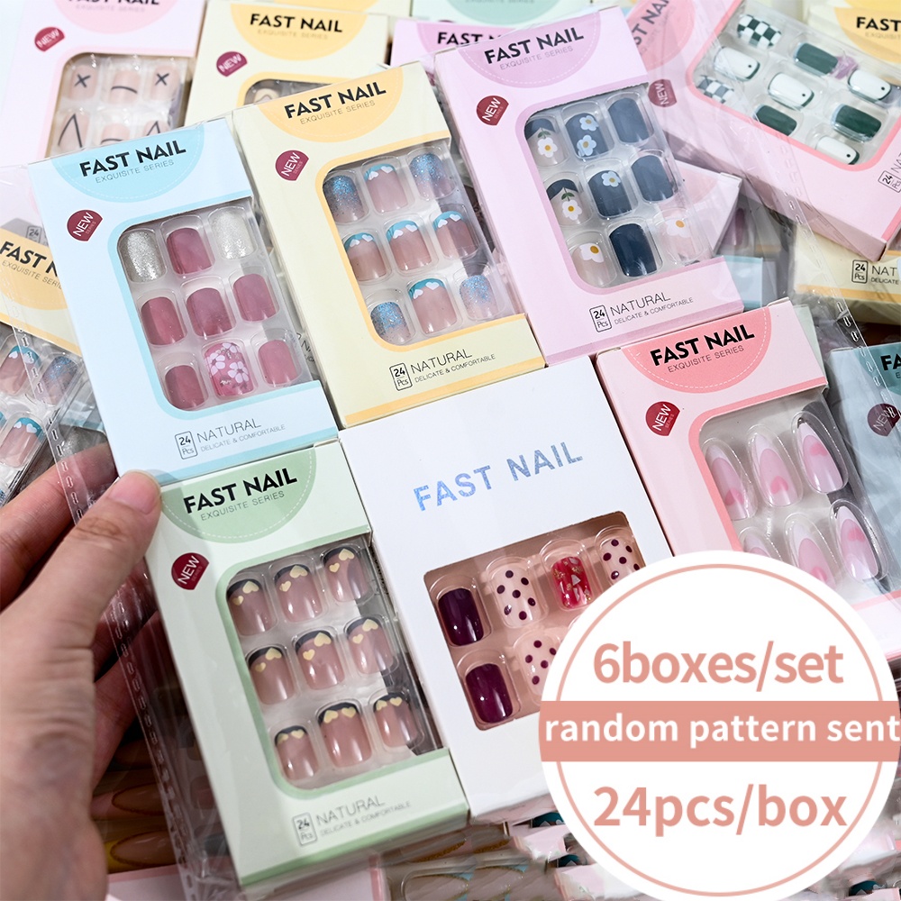 Press On Nail Set - 6박스/세트 짧은 사각형 페이크 네일 러브