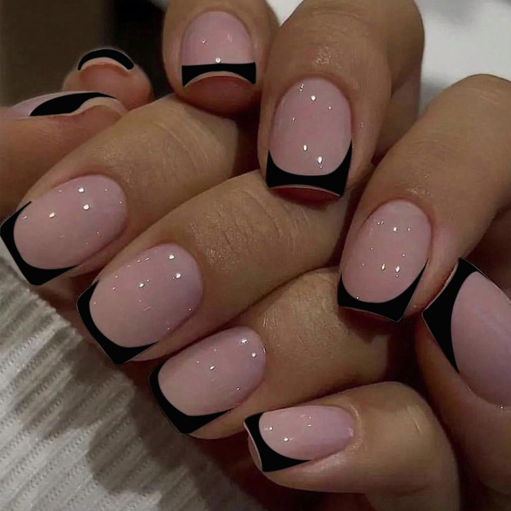 Nail Art France - 짧은 사각형 블랙 프랑스 풀 커버
