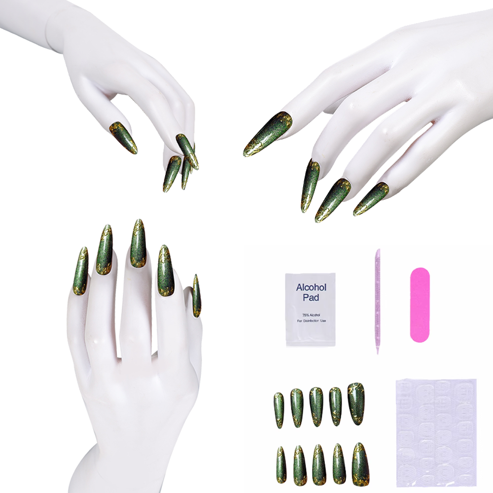 Press On Nail Set - 반짝이는 금색 악센트가 있는 녹색 프레스온