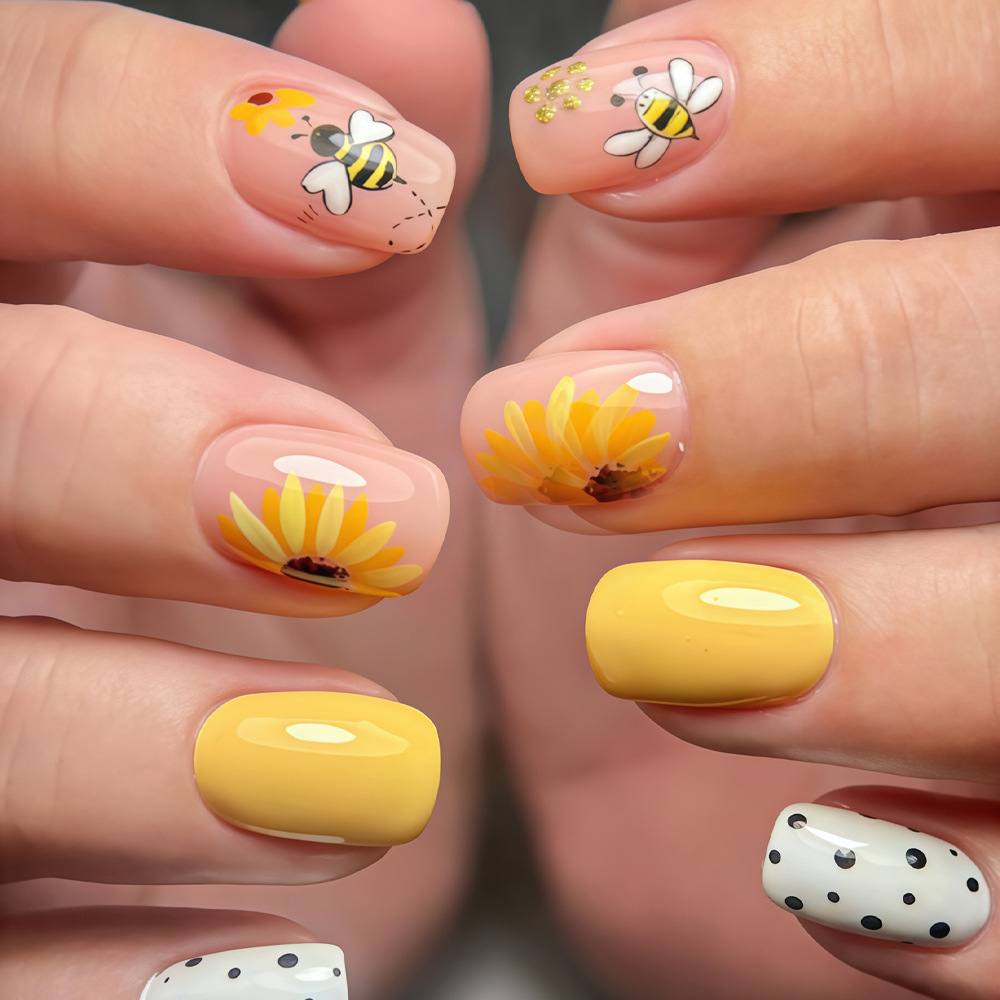 Press On Nail Set - 여성용 짧은 사각형 가짜 손톱, 노란색