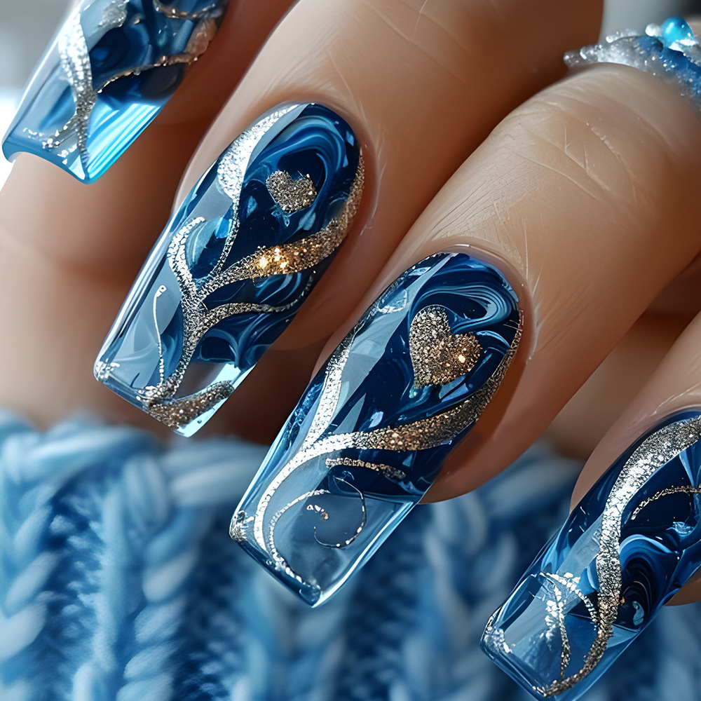 Press On Nail Set - 24개 블루 프레스온 네일 스파이시 걸