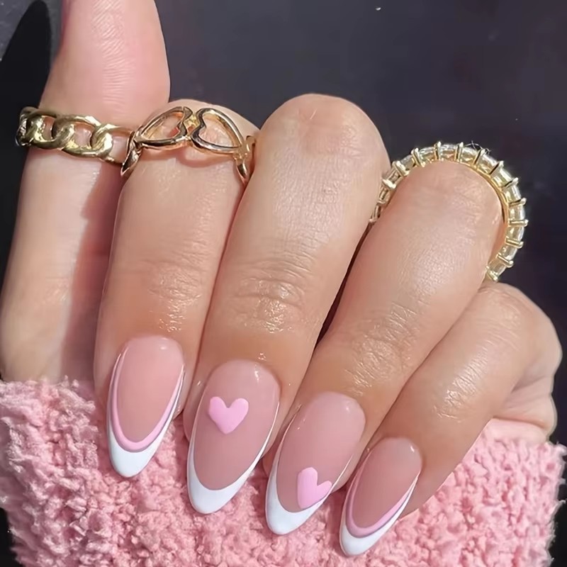 핑크 하트 모양 24피스 물방울 아몬드 네일 유럽 및  - Nail Art France 리뷰 및 가격