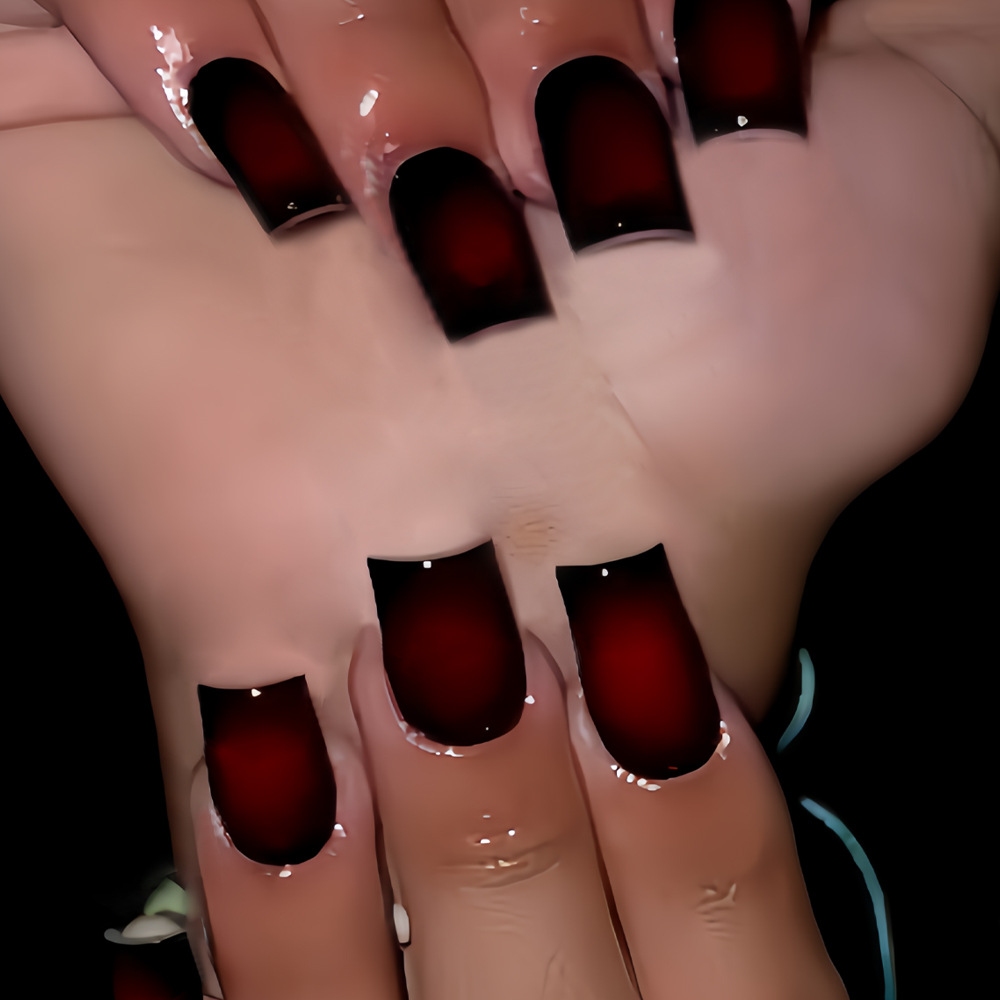 여성용 짧은 사각형 가짜 손톱 그라데이션 블랙 레드 로 - Press On Nail Set 리뷰 및 가격