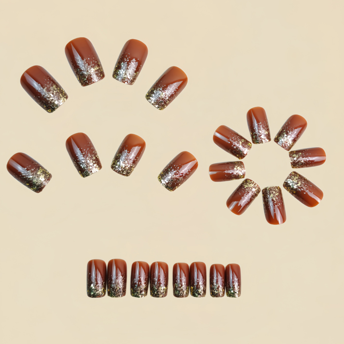 짧은 중간 길이의 가짜 손톱 그라데이션 갈색 빨강 검정 - Press On Nail Set 리뷰 및 가격